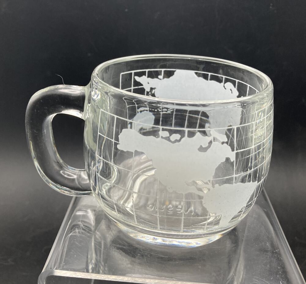 Nestle Nescafe Etched Clear Glass World Globe Coffee Mugs - Vintage Set of 4